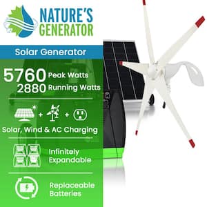 ELITE 3600-Watt/5760W Peak Push Button Start Solar Powered Portable Generator with 2100W Solar Panels, 1 Wind Turbine