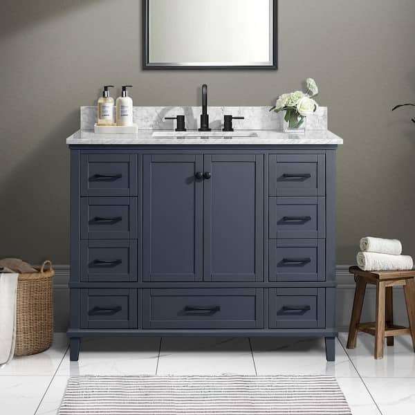 Merryfield 43 in. Single Sink Dark Blue-Grey Bath Vanity with White Carrara Marble Top (Assembled)