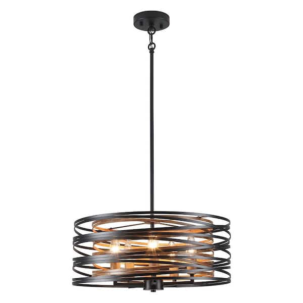 18.89in. 5-Light Matte Black/Wood Grain Drum Chandelier with Double Metal Shade and No Bulbs Included For Kitchen Island