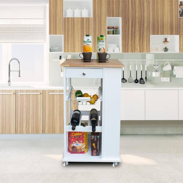 ANTFURN 19.68 in. W x 14.56 in. D White Wood Kitchen Cart with Wheels; Drawers; Shelf; Spice Rack; Locking Casters