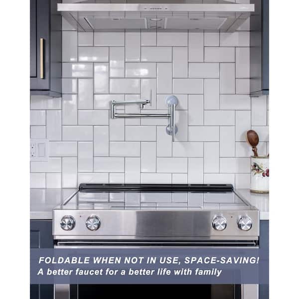 Brass Wall Mounted Pot Filler with control Double Joint Swing Arm in Polished Chrome