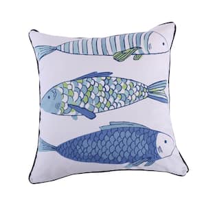 Catalina Blue Fish Print Coastal 18 in. x 18 in. Throw Pillow