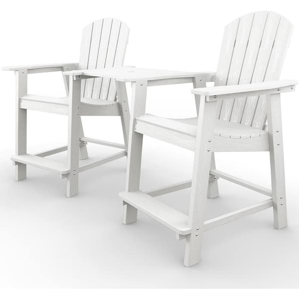 Mximu White Plastic Adirondack Outdoor Bar Stools with Removable Connecting Table(2-Pack)