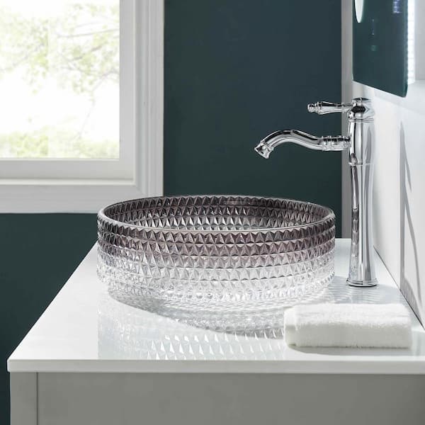 Crystal Glass Round Floating Vessel Sink Diamond Shape Bathroom