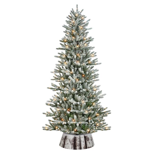 Puleo International 7.5 ft. Prelit Flocked Franklin Fir Artificial Christmas Tree with Matching Skirt