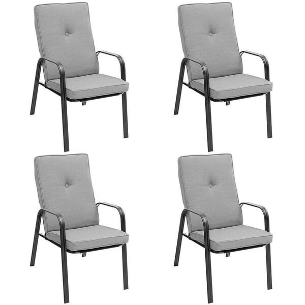 WELLFOR Black Frame Metal Outdoor Dining Chair Set with Gray Cushion (4-Pack)