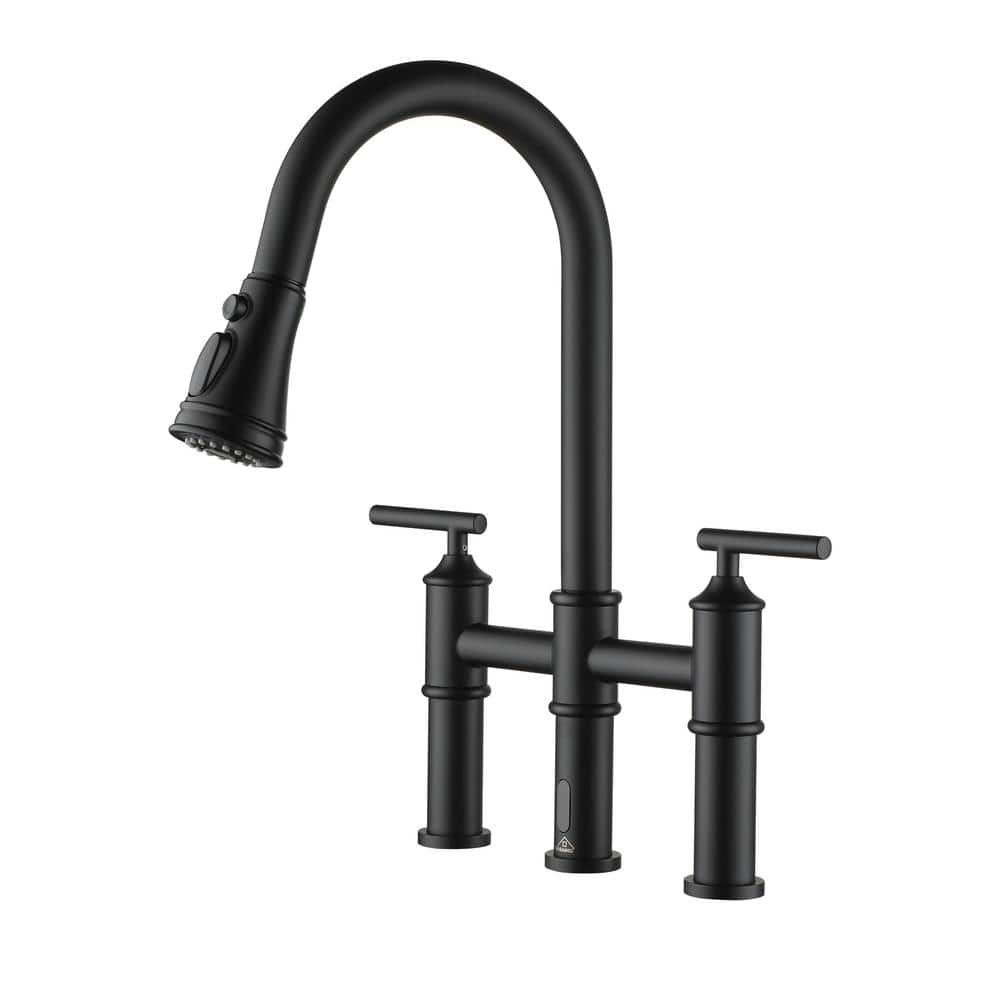 CASAINC Double Handle Pull Out Sprayer Bridge Kitchen Faucet With   Matte Black Casainc Bridge Kitchen Faucets Ca W3892 Mb 64 1000 