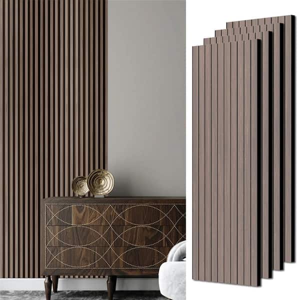 IHOMEadore 0.82 in. x 2 ft. x 4 ft. Natural Walnut Brown Wood Slat Acoustic 3D Sound Absorbing Decorative Wall Paneling (4-Pack)