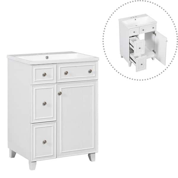 24 in. W x 18 in. D x 34.3 in. H Single Sink Bathroom Vanity in White with Resin Integrated Sink (2-Drawers, 1-Door)