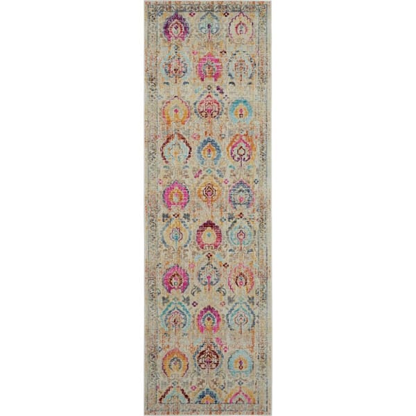 2 ft. x 6 ft. Beige Floral Washable Area Rug
