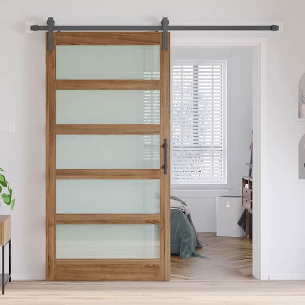 42 in. x 84 in. 5-Lite Tempered Frosted Glass Brown Finished Solid Core MDF Sliding Barn Door with Hardware Kit