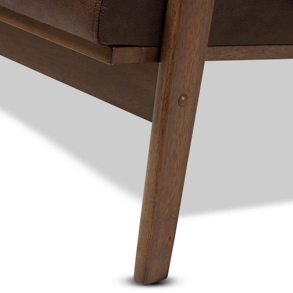 Walnut Wood Dark Brown Faux Leather 3-Seater Sofa