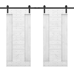 48 in. x 84 in. White Stained DIY Knotty Pine Wood Interior Double Sliding Barn Door with Hardware Kit