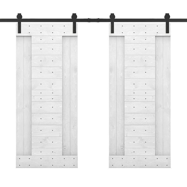 CALHOME 84 in. x 84 in. White Stained DIY Knotty Pine Wood Interior Double Sliding Barn Door with Hardware Kit