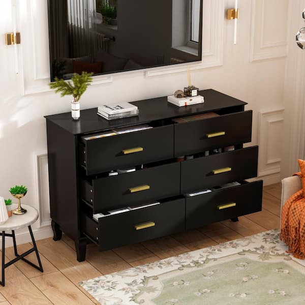 FUFU&GAGA 6-Drawer Black Chest of Drawers, 31.5 in. H x 47.2 in. W x 15.7 in. D