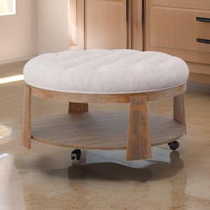 Gus 40.75 in. Brown and Beige Round Wood Coffee Table with Button Tufted Beige Fabric