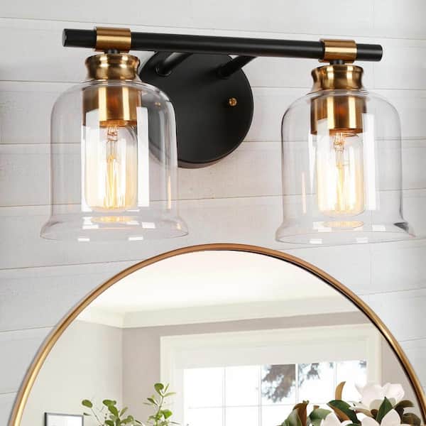 LNC Modern Black Bathroom Vanity Light Transitional 12.5 in. 2-Light Bell Wall Sconce with Brass Accents and Clear Glass