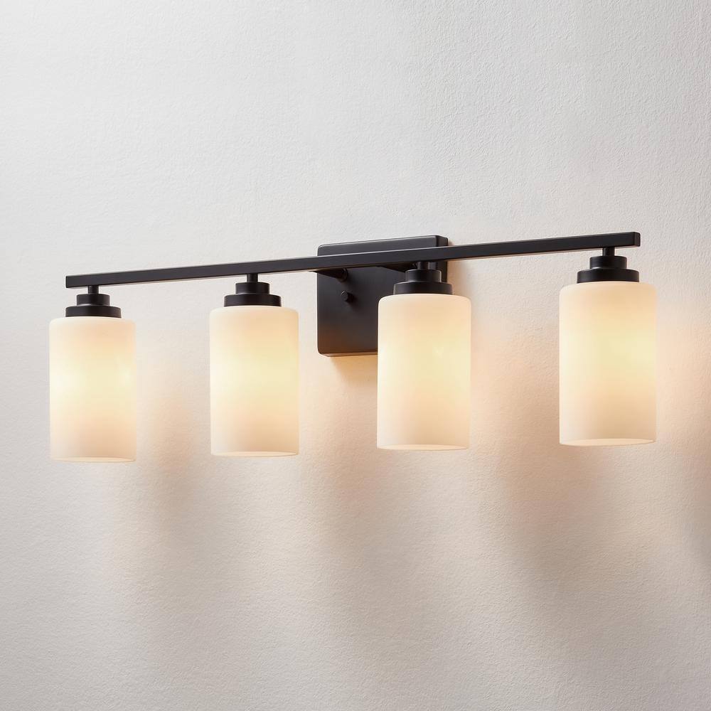 30 in. Black Steel 4-Light Dimmable Vanity Light with Frosted Glass Shades