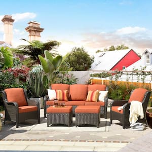 Adelina Brown 5-Piece Wicker Outdoor Patio Conversation Seating Set with Orange Red Cushions