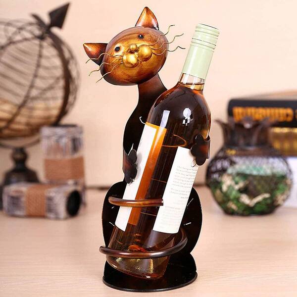 JFVKAF Cat Shaped Black Metal Wine Rack Sculpture Retro Countertop