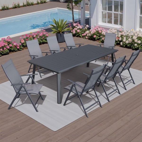 9-Piece 94 in. High-end Black Rectangle Aluminum Patio Outdoor Dining Set with Gray Adjustable Backrest Metal Chair