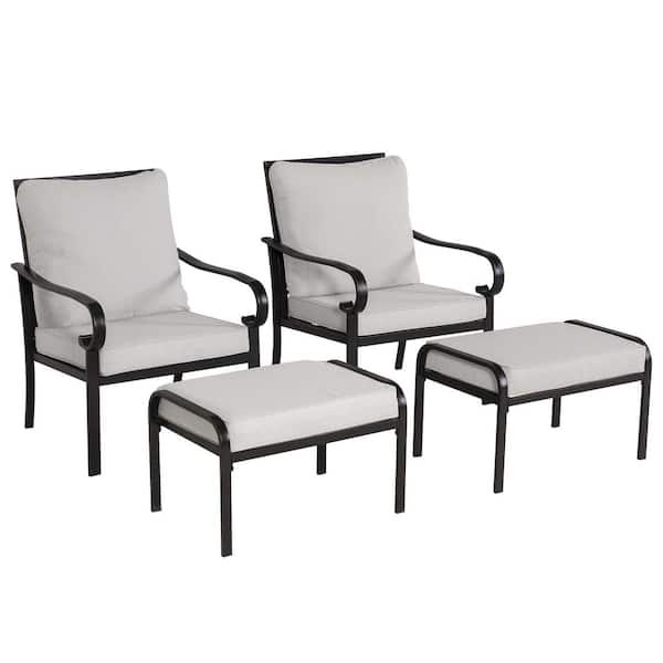 Zeus & Ruta Black 4-piece Metal Patio Conversation Sectional Seating Set with Gray Cushions and Ottomans for Garden Backyard Balcony