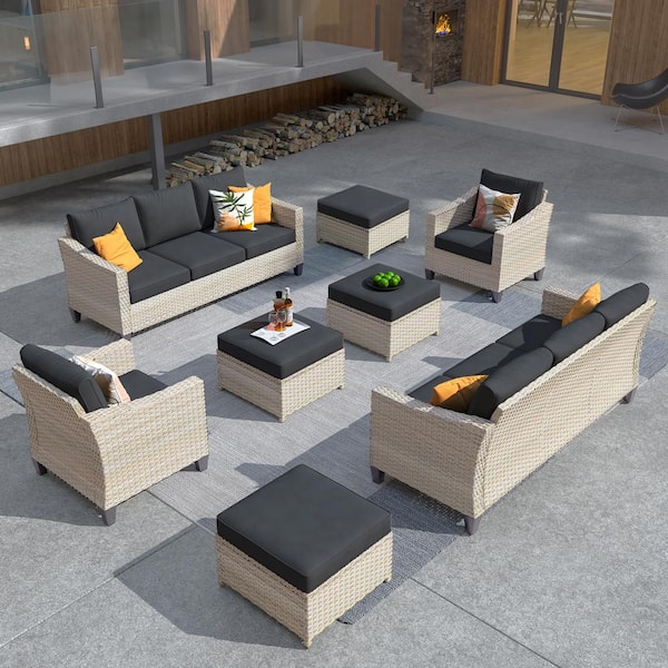 HOOOWOOO Oconee Beige 8-Piece Beautiful Outdoor Patio Conversation Sofa Seating Set with Black Cushions