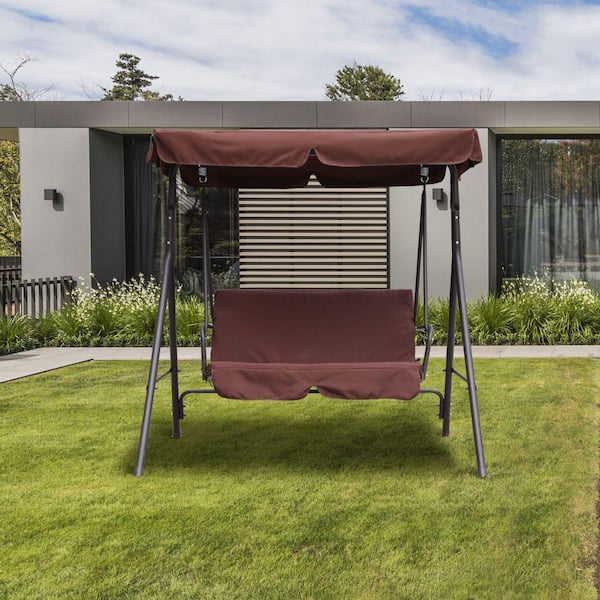 Kadehome 2-Person Brown Steel Frame Freestanding Patio Swing with Brown Soft Removable Cushion Adjustable Canopy Porch Swing Deck
