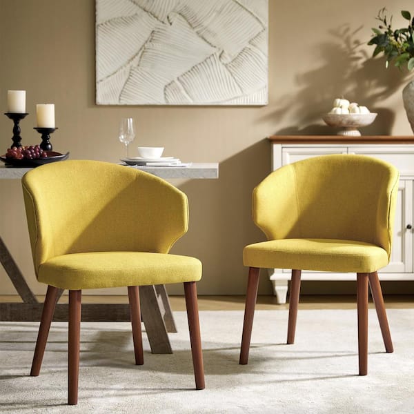 JAYDEN CREATION Nuria Mustard Upholstered Dining Chair with Wing Back and Solid Wood Tapered Legs (Set of 2)