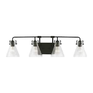 Jaden 33.25 in. 4-Light Black Transitional Wall Bathroom Vanity Light with Clear Seeded Glass Shades