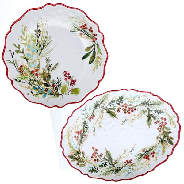 Unbranded 14 in. Multi-Colored Christmas Gatherings Melamine Platter (Set of 2)