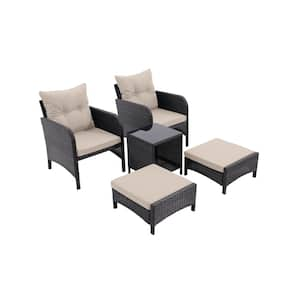 5-Piece Wicker All Weather Outdoor Patio Conversation Set with Grey Cushions and Ottomans for Poolside Garden Balcony