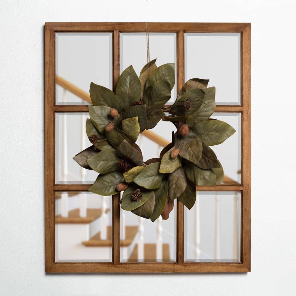 Rustic Caramel 26" x 32" Solid Wood 9-Pane Windowpane Wall Mirror
