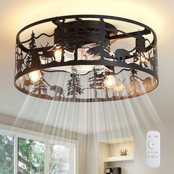 17.7 in. 4-Light Black Rustic Forest Flush Mount Ceiling Fan with Light, Metal Low Profile Fandelier Fan with Remote