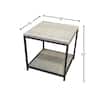 Two-tier distressed gray bamboo end table with dimensions.