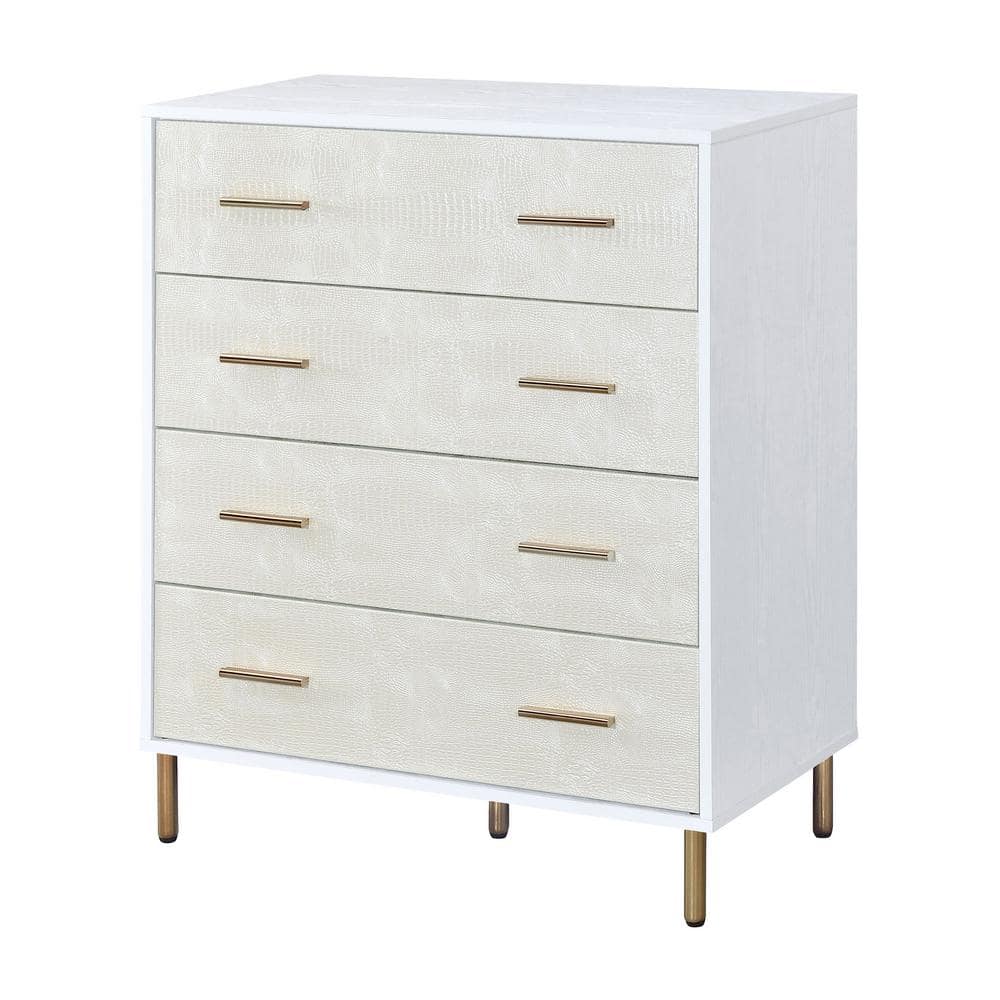 White and Gold 4-Drawer Chest with Crocodile Texture