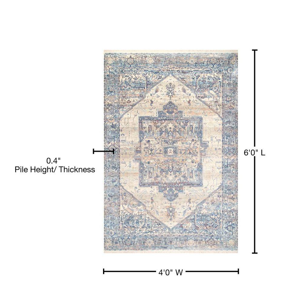 Light Blue Vintage Medallion Synthetic Area Rug with Fringe, 4' x 6'