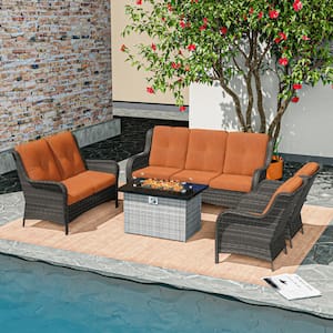 5-Piece Wicker Outdoor Patio Conversation Set with Orange Cushions and Rectangular Fire Pit Table