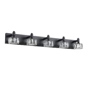 36 in. 5-Light Matte Black LED Vanity Light Bar with Crystal Glass Shades, Bathroom Wall Sconce