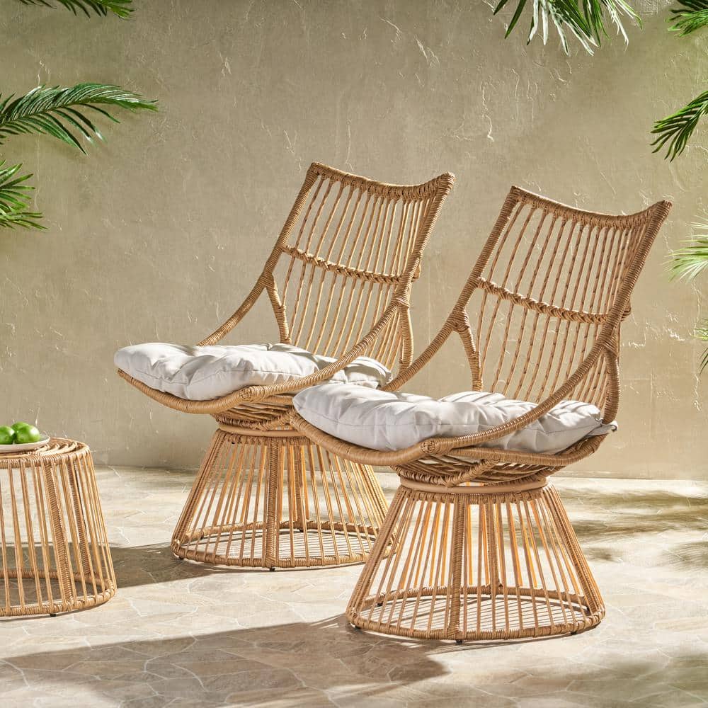 Set of 2 Beige Cushioned Light Brown Iron Wicker Lounge Chairs