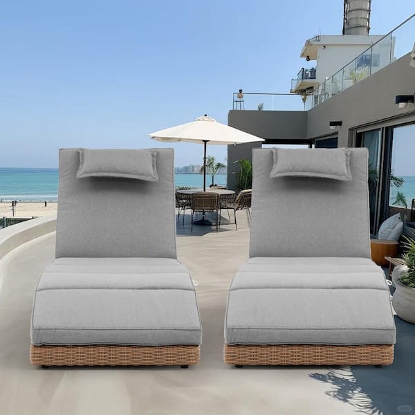Yangming Natural Wicker Folding Outdoor Chaise Lounge Recliner with Gray Cushions, 5 Adjustable Back Positions (2-Pack)