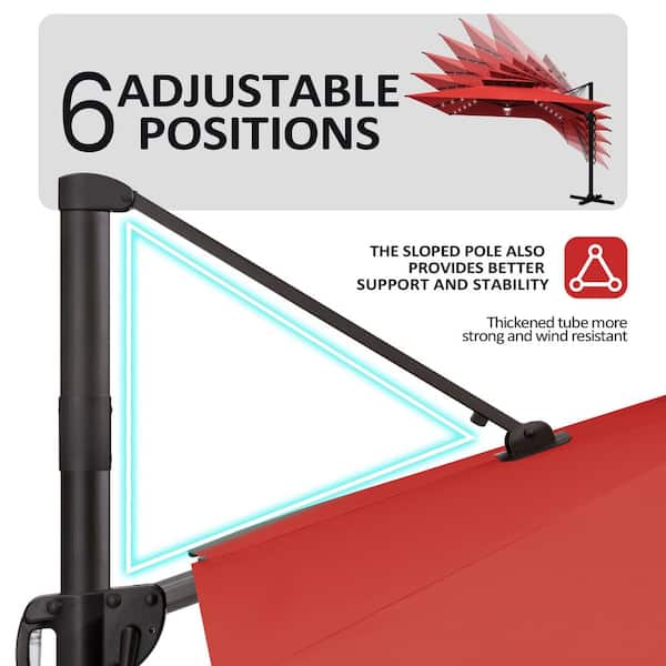 11 ft. x 11 ft. Aluminum Solar LED Lighted Patio Cantilever Umbrella Offset 360° Rotation in Red with 300 lbs. Base