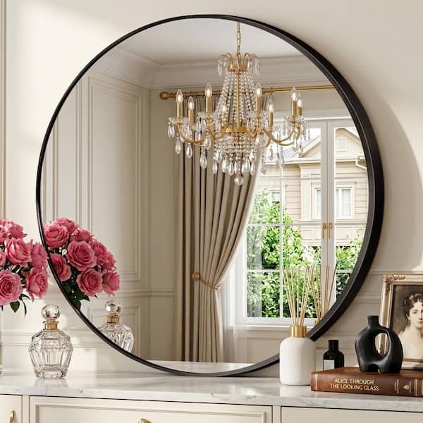 31.5 in. W x 31.5 in. H Round Modern Black Aluminum Alloy Framed Bathroom Mirror Wall Mirror