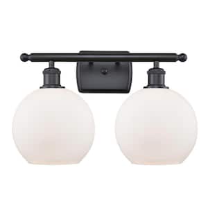 Athens 18 in. 2-Light Matte Black Vanity Light with Matte White Glass Shade