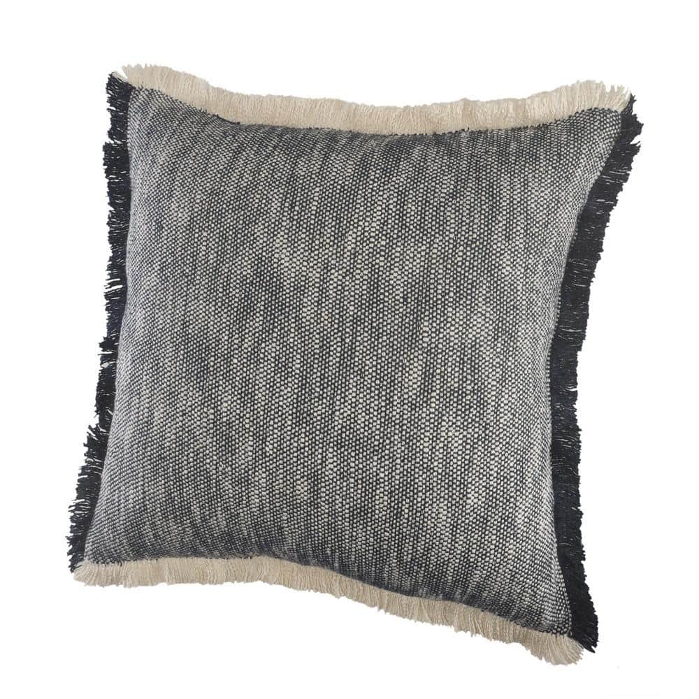 Dark Blue and White Cotton Fringe Throw Pillow, 20" Square