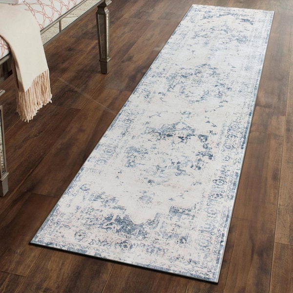 Traditional Vintage Distressed Washable Non Slip Blue 2 ft. x 8 ft. Runner Rug