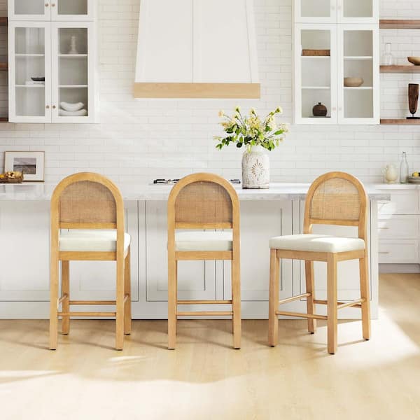 Mira Modern Boho Natural 40.9 in. H Fabric Upholstered Counter Height Bar Stool W/ Wood Frame for Dining Room (Set of 3)
