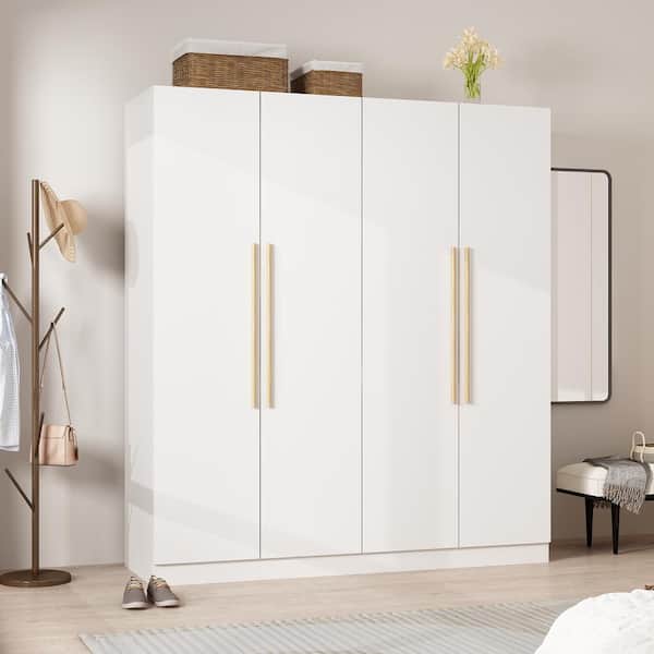 White & Gold Modern Extra Wide Wardrobe with Clear Glass Door Storage with  Sensor Light