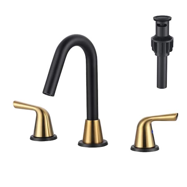 IVIGA 8 in. Widespread Double Handle Bathroom Faucet with Pop Up Drain and cUPC Certified Supply Lines in Black and Gold