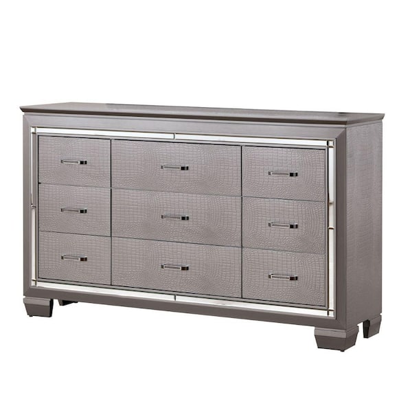 Benjara 66 in. Silver 9-Drawer Wooden Dresser Without Mirror